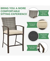 3PCS Patio Rattan Bar Furniture Set Slat Table 2 Cushioned Stools Poolside