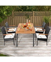 4PCS Patio Pe Wicker Chairs Acacia Wood Armrests with Soft Zippered Cushion Garden
