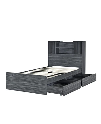 Twin Size Storage Platform Bed Frame With 4 Open Storage Shelves And 2 Storage Drawers, Led Light