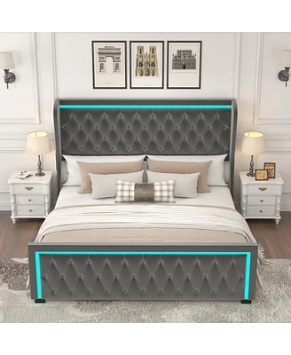 Grey Velvet Platform Bed with Led Headboard