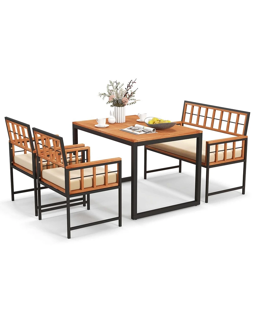 4 Piece Patio Dining Set Outdoor Wood Dining Furniture with 2 Chairs & 1 Lovesea