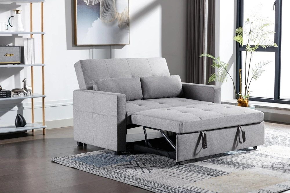 Light Grey Linen Fabric 3-In-1 Convertible Sleeper Loveseat With Side Pocket