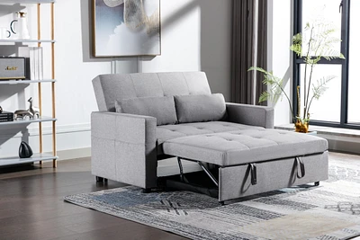 Light Grey Linen Fabric 3-In-1 Convertible Sleeper Loveseat With Side Pocket