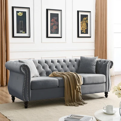 Grey Velvet Tufted 3-Seater Sofa with Pillows