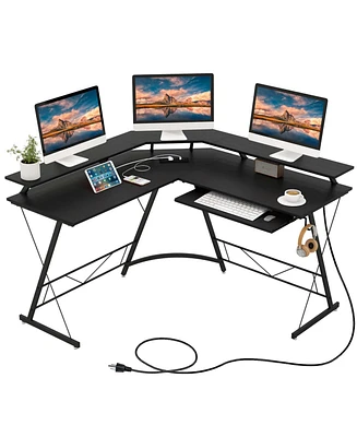 L-shaped Computer Desk with Power Outlet 51" Corner Workstation Rustic