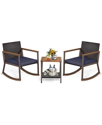 3 Pcs Patio Rattan Rocking Chair Bistro Set Armrest Cushion Table with Storage Shelf