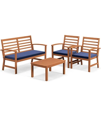 4 Pcs Outdoor Furniture Set with Soft Seat Cushions Stable Acacia Wood Frame