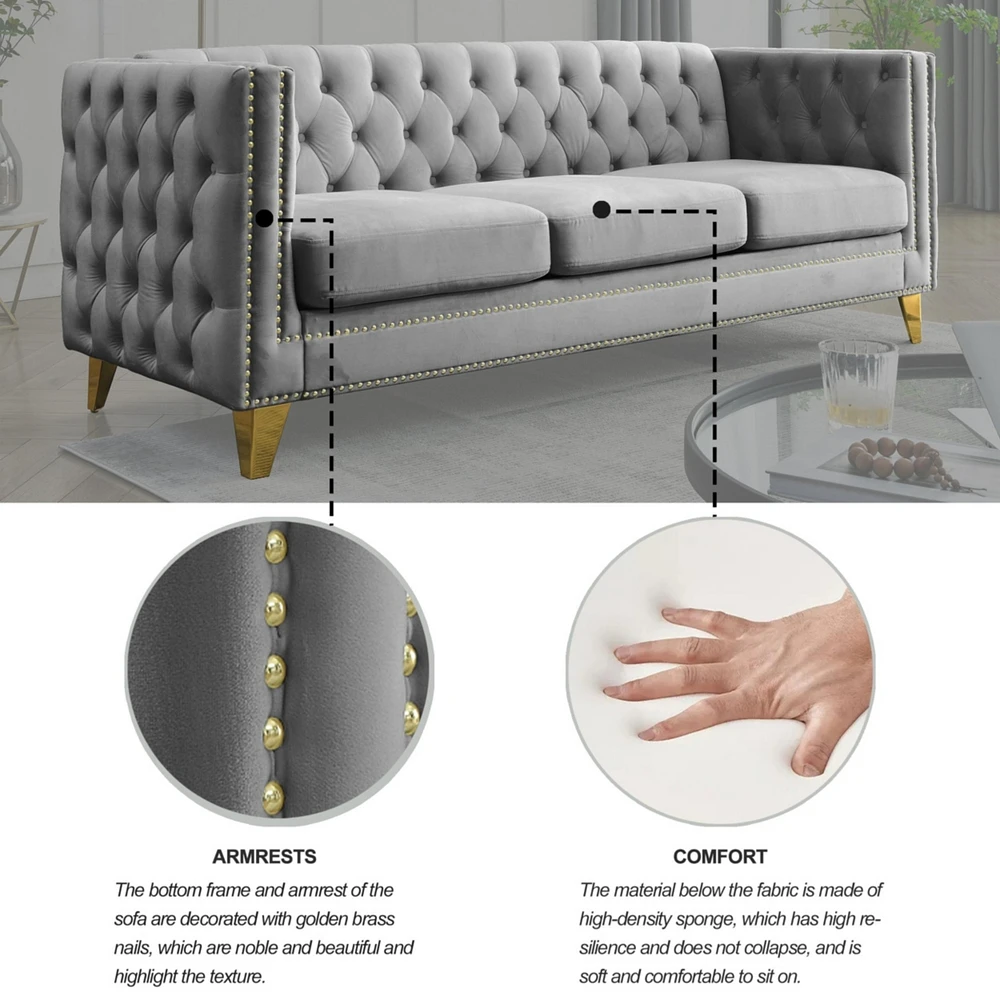 Modern Grey Velvet Sofa Set with Metal Legs