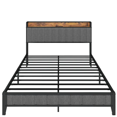 Full Size Bed Frame With Charging Station, Upholstered Headboard, Metal Platform, Grey