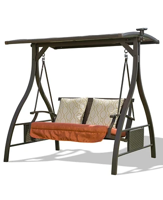 Mondawe Patio Porch Swing Chair with Adjustable Canopy Solar Led Light Glider and Sunbrella Cushions Deluxe Hammock Swing for Outdoor Garden Balcony B