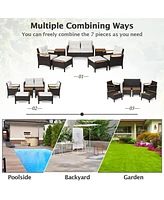7PCS Patio Rattan Furniture Set Cushion Armrest Loveseat Ottoman Table