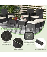 8PCS Patio Rattan Furniture Set Sofas Ottomans Cushioned Table Free Combination