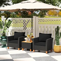 3PCS Patio Rattan Furniture Set Cushioned Sofa Storage Table with Wood Top