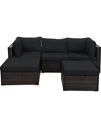 5PCS Patio Rattan Furniture Set Sectional Conversation Set Ottoman Table