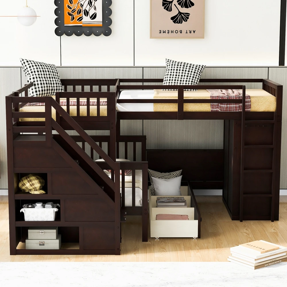 Twin-Twin over Full L-Shaped Bunk Bed w/ Desk & Wardrobe