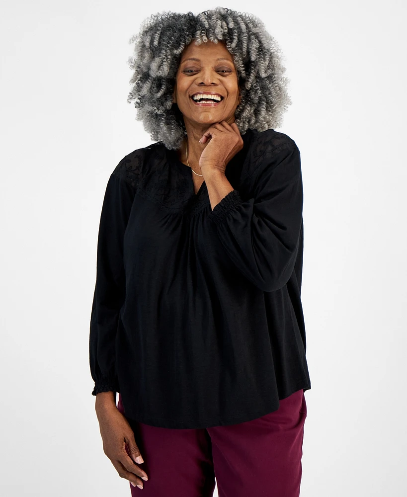 Style & Co Plus Size Mesh-Trim Raglan-Sleeve Blouse, Created for Macy's