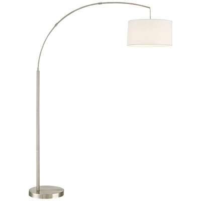 Cora Modern Arc Lamps Floor Standing with Usb Charging Port 72" Tall Brushed Nickel Silver Metal White Linen Fabric Drum Shade for Living Room Reading