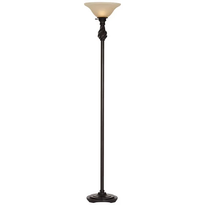 Traditional Torchiere Floor Lamp 70" Tall Hand Applied Black Bronze Swirl Font Amber Glass Shade Standing Pole Light for Living Room Reading Hous