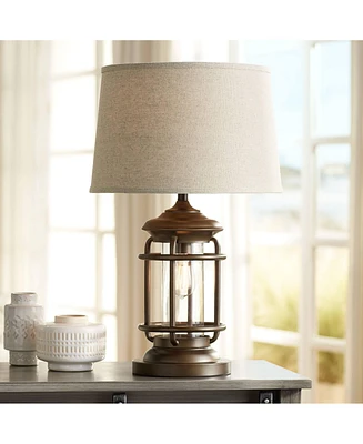 Andreas Industrial Table Lamp with Nightlight and Usb Port 26" High Brown Metal Oatmeal Fabric Tapered Drum Shade Antique Led Edison Bulb for Liv