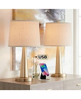 Karla Modern Table Lamps 25" Tall Set of 2 with Usb Charging Port Brass Gold Metal Beige Fabric Drum Shade for Bedroom Living Room House Desk Bed