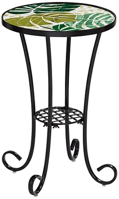Tropical Leaves Black Metal Round Outdoor Accent Side Table 14" Wide Green Mosaic Tabletop Gracefully Curved Legs for Spaces Front Porch Patio Ho