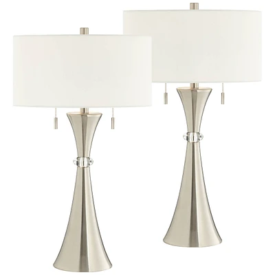 Rachel Modern Art Deco Table Lamps 28" Tall Set of 2 Concave Column Hourglass Silver Metal White Drum Shade for Living Room Bedroom House Bedside