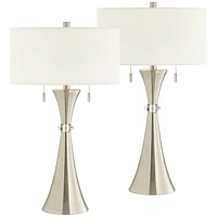 Rachel Modern Art Deco Table Lamps 28" Tall Set of 2 Concave Column Hourglass Silver Metal White Drum Shade for Living Room Bedroom House Bedside
