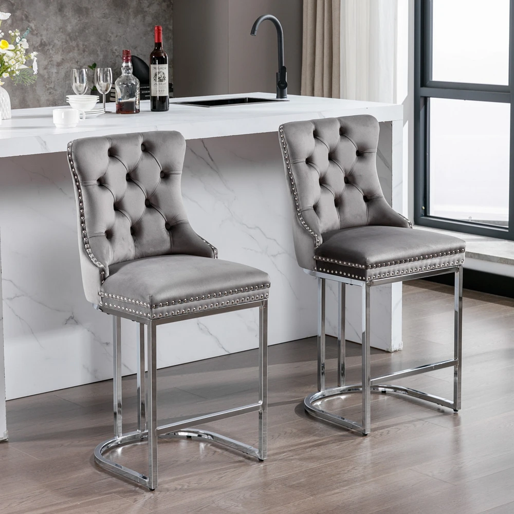Modern Gray Velvet Bar Stools Set Of 2