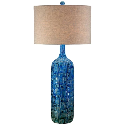 Mid Century Modern Style Table Lamp with Table Top Dimmer 36" Tall Teal Glaze Ceramic Tan Linen Drum Shade for Living Room Bedroom House Bedside
