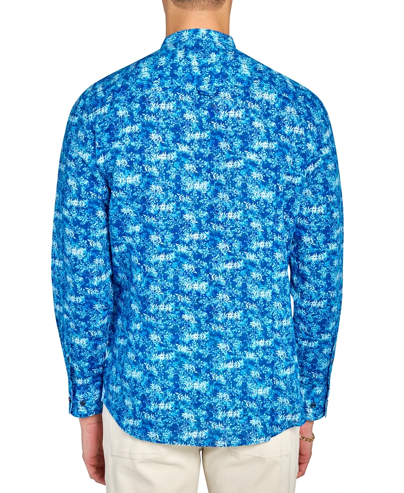 Brooklyn Brigade Men's Moisture-Wicking Abstract leaf-Print Button-Down Mandarin Shirt