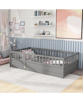 Twin Size Floor bed, integral construction with super high security barrier, door, children's floor bed frame, Montessori wooden children's floor bed,