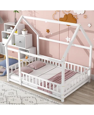 Full Size Floor Wooden Bed with House Roof Frame, Fence Guardrails, White