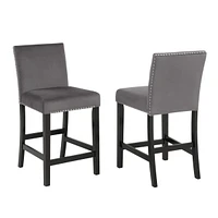 Contemporary Velvet Counter Stool with Nailhead Trim, Set of 2, Gray