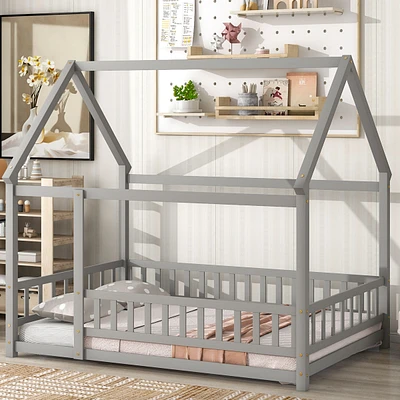 Full Size Floor Wooden Bed with House Roof Frame, Fence Guardrails, Grey