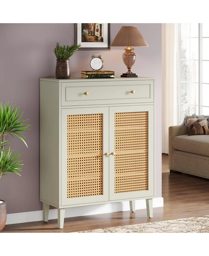 Tribesigns Shoe Cabinet with Doors and Drawer, Modern Shoe Storage Cabinet for Entryway, Rattan Shoes Cabinet with Adjustable Shelf, Wooden Shoe Organ