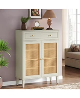 Tribesigns Shoe Cabinet with Doors and Drawer, Modern Shoe Storage Cabinet for Entryway, Rattan Shoes Cabinet with Adjustable Shelf, Wooden Shoe Organ