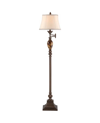 Kathy Ireland Mulholland Rustic Vintage like Swing Arm Floor Lamp Standing 61" Tall Bronze Marble Font Ivory Faux Silk Drum Shade Decor for Living Roo