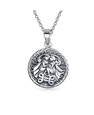 Bling Jewelry Gemini Zodiac Sign Astrology Horoscope Round Medallion Pendant For Women Necklace Sterling Silver