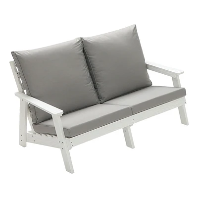 Loveseat with Cushion, Wood Grain Outdoor Garden Sofa, White/Grey