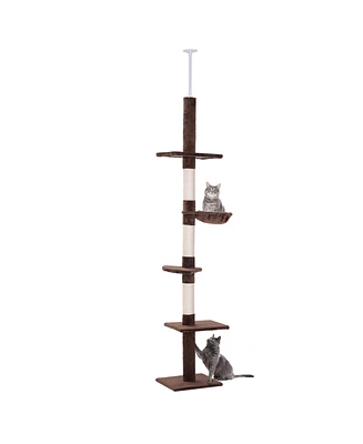 PawHut 8.5' Adjustable Floor-To-Ceiling Cat Tree w/ 5 Carpet Platforms,