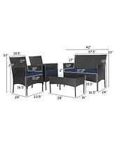 Sugift 4 Pieces Patio Rattan Cushioned Sofa Set with Tempered Glass Coffee Table-Navy