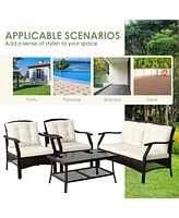 Gymax 4PCS Rattan Patio Conversation Furniture Set Wicker Sofa Set w/ Waterproof Cover
