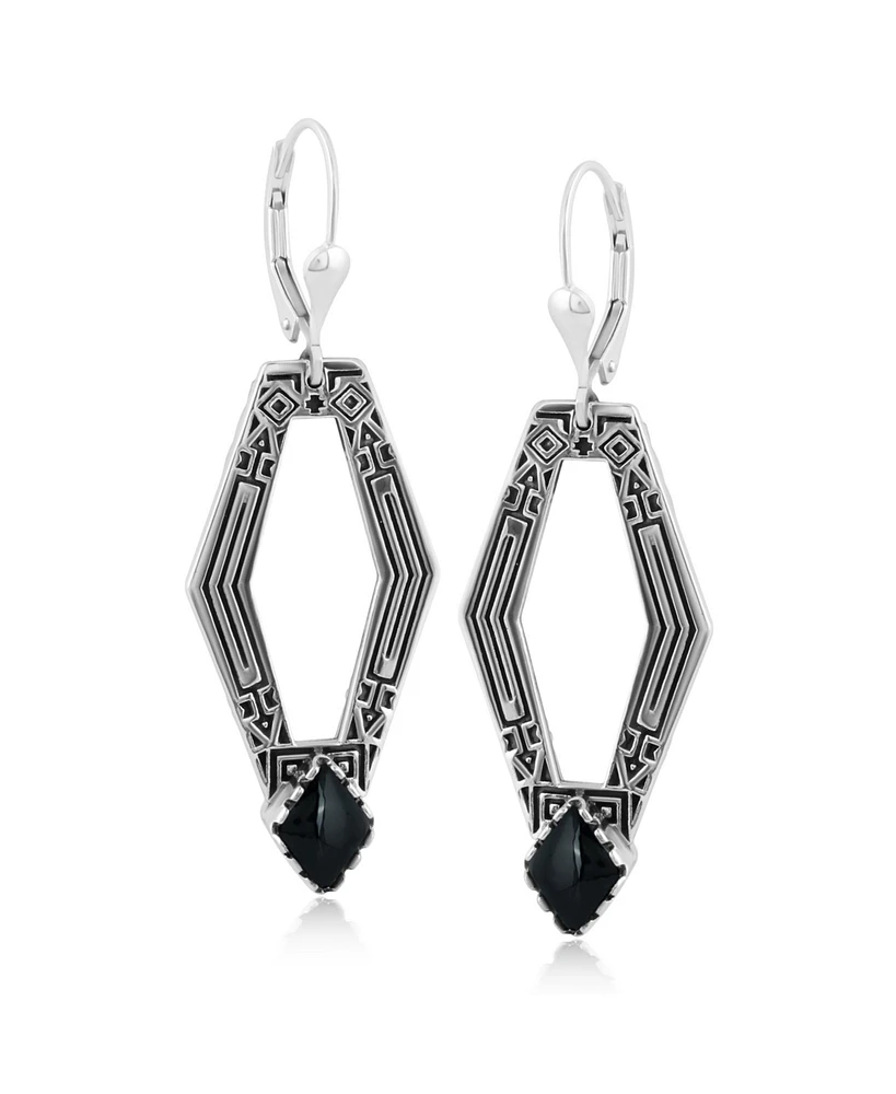 American West Jewelry Sterling Silver and Geometric Shape Black Agate Gemstone Lever Back Earrings