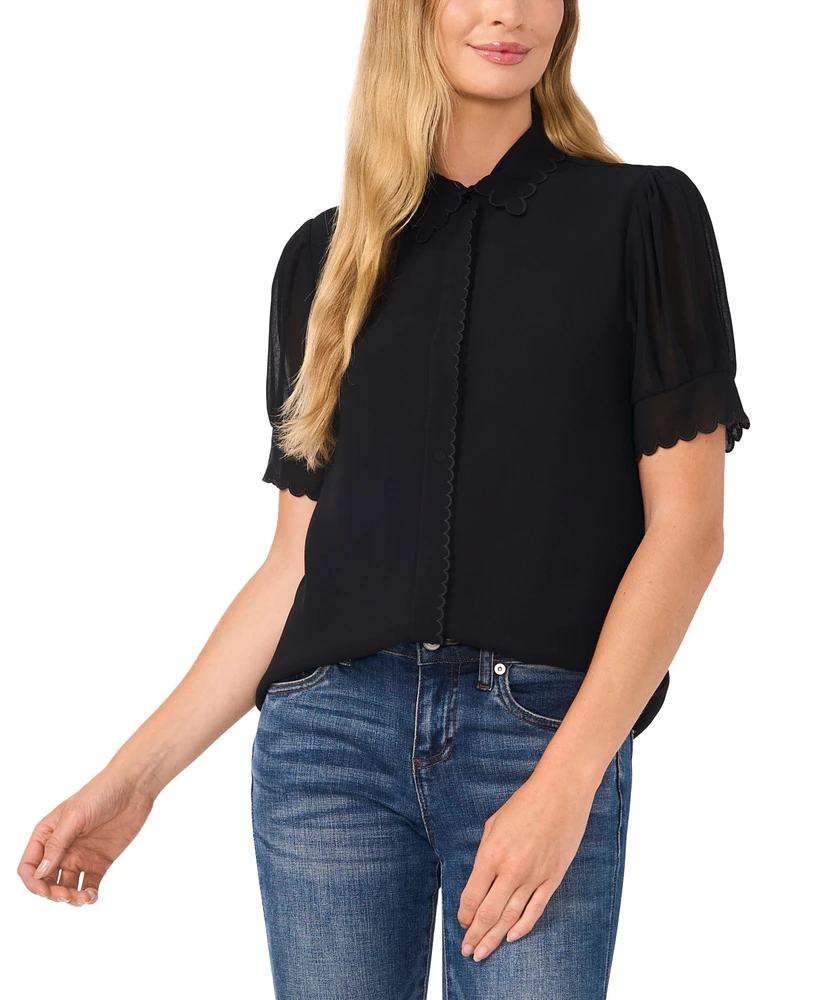 CeCe Women's Scalloped Puff-Sleeve Button-Front Blouse