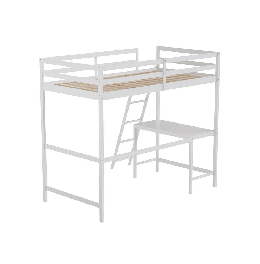 Emma+Oliver Ridley Twin Wood Loft Bed Frame With Protective Guardrails And Integrated Desk Ladder For Use Any 6-8" Thick Mattress