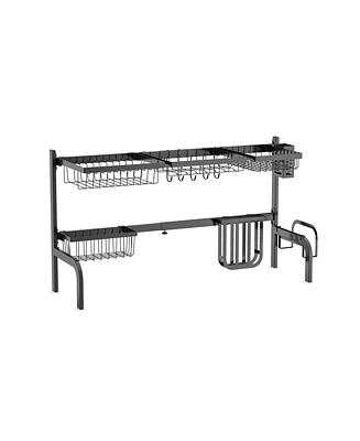 Slickblue 2 Tier Adjustable Over Sink Dish Drying Rack with 8 Hooks
