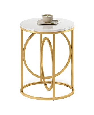 Tribesigns Modern Round End Table with Faux Marble White Top, 20”Sofa Side Table Coffee Table Cocktail Table with Unique Gold O-Shaped Base, Mi