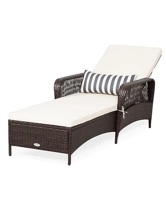 Gymax Rattan Patio Lounge Chair Chaise w/ Adjustable Backrest Cushion & Pillow