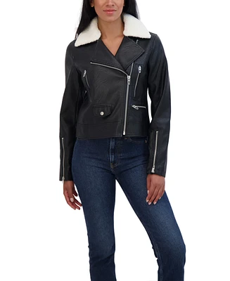 Sebby Collection Women's s Faux Leather Moto Jacket With Detachable Faux Fur Collar