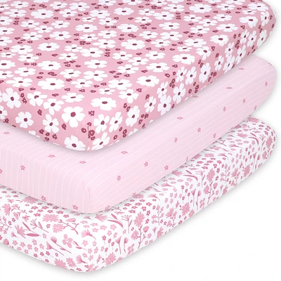 The Peanutshell Pack n Play, Mini Crib, Portable Crib or Fitted Playard Sheets for Baby Girl, Daisy, 3 Pack Set
